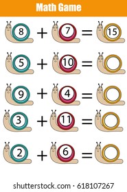 Mathematics educational game for children. Learning counting, addition worksheet for kids. Calculate the numbers in snails