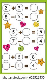Mathematics educational game for children. Learning counting and algebra kids activity. Complete the mathematical equation. Addition and subtraction