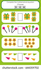 Mathematics educational game for children. Learning counting and algebra kids activity. Complete the mathematical equation task, choose more, less or equal