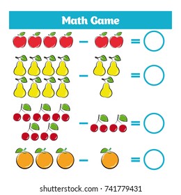 Mathematics educational game for children. Learning subtraction worksheet for kids, counting activity. Vector illustration