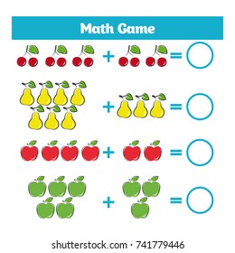 Mathematics educational game for children. Learning subtraction worksheet for kids, counting activity. Vector illustration