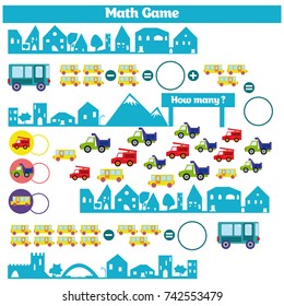 Mathematics educational game for children. Learning subtraction worksheet for kids, counting activity. Vector illustration