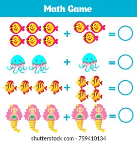 Mathematics educational game for children. Learning subtraction worksheet for kids, counting activity.  Learning mathematics, numbers, addition theme mermaid sea, ocean, fish. Vector illustration.