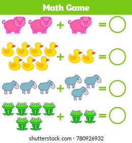 Mathematics educational game for children. Learning subtraction worksheet for kids, counting activity. Vector illustration.