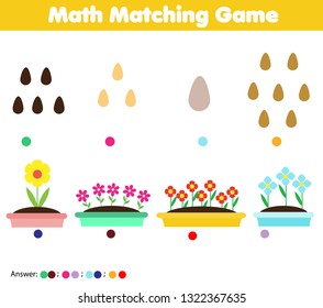 Mathematics educational game for children. Match seeds and flowers. Counting game for pre school age kids and toddlers