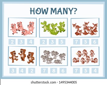 Mathematics Educational Game for Children. Match Animals  with Numbers. Counting Game for Kids. Choose the Right Answer