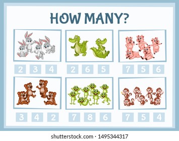 Mathematics Educational Game for Children. Match Animals  with Numbers. Counting Game for Kids. Choose the Right Answer