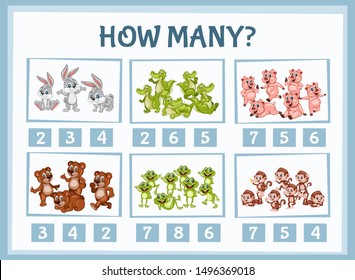 Mathematics Educational Game for Children. Match Animals  with Numbers. Counting Game for Kids. Choose the Right Answer