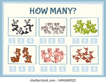 Mathematics Educational Game for Children. Match Animals  with Numbers. Counting Game for Kids. Choose the Right Answer