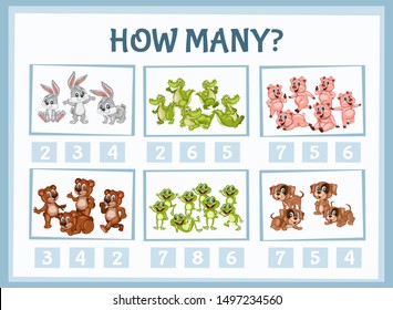 Mathematics Educational Game for Children. Match Animals  with Numbers. Counting Game for Kids. Choose the Right Answer