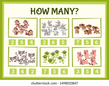 Mathematics Educational Game for Children. Match Animals  with Numbers. Counting Game for Kids. Choose the Right Answer