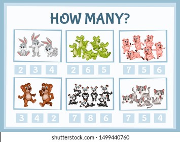 Mathematics Educational Game for Children. Match Animals  with Numbers. Counting Game for Kids. Choose the Right Answer