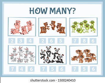 Mathematics Educational Game for Children. Match Animals  with Numbers. Counting Game for Kids. Choose the Right Answer