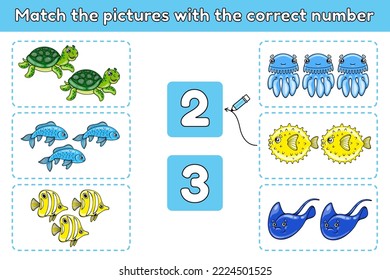 Mathematics educational game for children. Match the pictures with the correct number. Vector illustration of cartoon ocean animals.