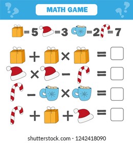 Mathematics educational game for children. Mathematical counting equations worksheet for kids. Christmas, winter holidays theme
