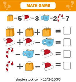 Mathematics educational game for children. Mathematical counting equations worksheet for kids. Christmas, winter holidays theme