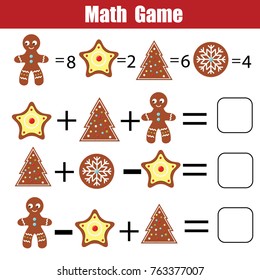 Mathematics educational game for children. Mathematical counting equations worksheet for kids. Christmas, winter holidays theme