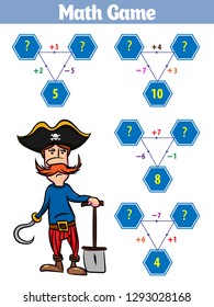 Mathematics educational game for children. Set of cartoon pirate characters. Vector illustration.
