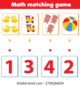 Mathematics educational game. Match objects with numbers for children. Count toys for pre school kids and toddlers