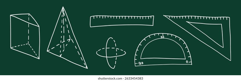 Conjunto de elementos matemáticos. Geometria matemática desenhada à mão, símbolos de álgebra no quadro negro. Linha de esboço à mão livre com giz verde da escola, protrator. Ilustração isolada de vetor de conceito de educação