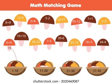 Matemáticas ecuan juego educativo infantil. Coincidir objetos con números. Ensayo y sustracción para niños y niños pequeños. Poner hongos en la cesta