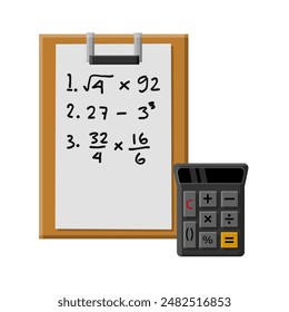 Mathematics exam questions, test paper and calculator, back to school theme illustration 