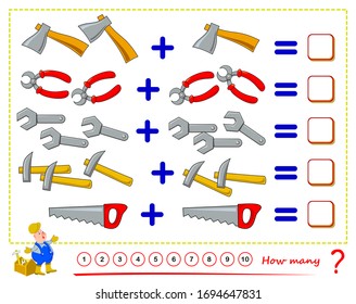 Mathematics exercise book on addition. Count the quantity working tools, solve examples and write numbers. Math education for children. Printable worksheet for kids. Logic puzzle. Flat cartoon vector