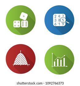 Mathematics flat design long shadow glyph icons set. Number theory, statistics, coordinate system, dices. Vector silhouette illustration