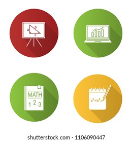 Mathematics flat design long shadow glyph icons set. Rough draft, math textbook, whiteboard, statistics. Vector silhouette illustration