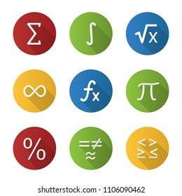 Mathematics Flat Design Long Shadow Glyph Icons Set. Math Symbols. Algebra. Vector Silhouette Illustration
