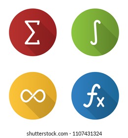 Mathematics flat design long shadow glyph icons set. Sigma, integral, infinity sign, function. Vector silhouette illustration