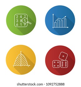 Mathematics flat linear long shadow icons set. Number theory, statistics, coordinate system, dices. Vector outline illustration