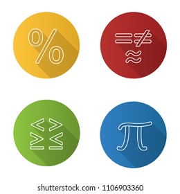 Mathematics flat linear long shadow icons set. Pi, percent, equality and inequalities signs. Vector outline illustration