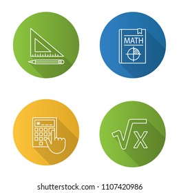 Mathematics flat linear long shadow icons set. Triangular ruler and pencil, math textbook, calculator, square root of x. Vector outline illustration
