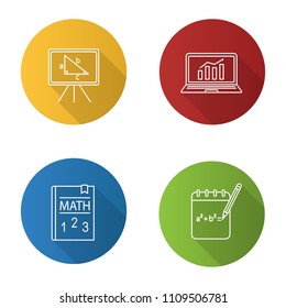 Mathematics flat linear long shadow icons set. Rough draft, math textbook, whiteboard, statistics. Vector outline illustration