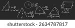 Mathematics formulas set. Hand drawn math geometric formulas and calculations on chalkboard. School gray board with chalk freehand sketch symbols. Education concept. Isolated vector illustration