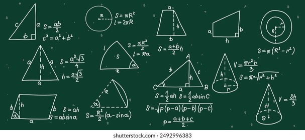 Mathematics formulas set. Hand drawn math geometry formulas. School green board with sketch symbols icon in flat style. Education concept. Isolated vector illustration