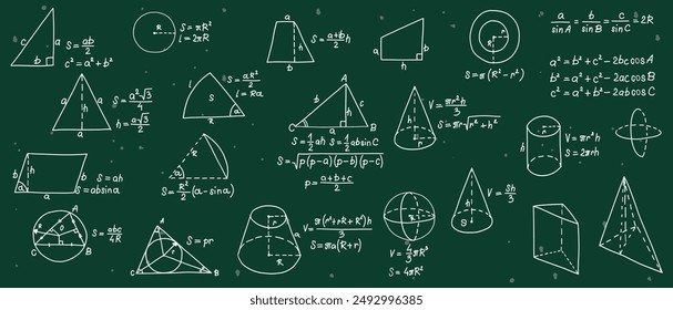 Mathematics formulas set. Hand drawn math geometry formulas. School green board with sketch symbols icon in flat style. Education concept. Isolated vector illustration