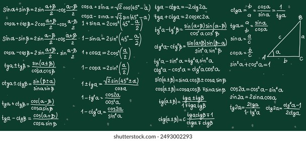 Mathematics formulas set. Hand drawn math trigonometry formulas. School green board with sketch symbols icon in flat style. Education concept. Isolated vector illustration