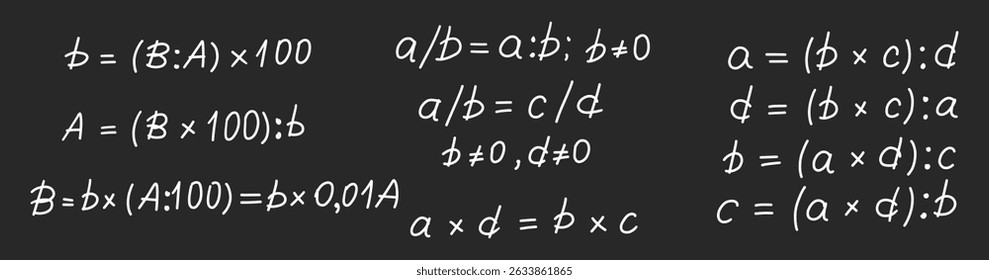 Fórmulas matemáticas definidas. Fórmulas matemáticas algébricas desenhadas à mão e cálculos em quadro-negro. Quadro cinzento escola com giz símbolos de esboço à mão livre. Conceito de educação. Ilustração isolada de vetor