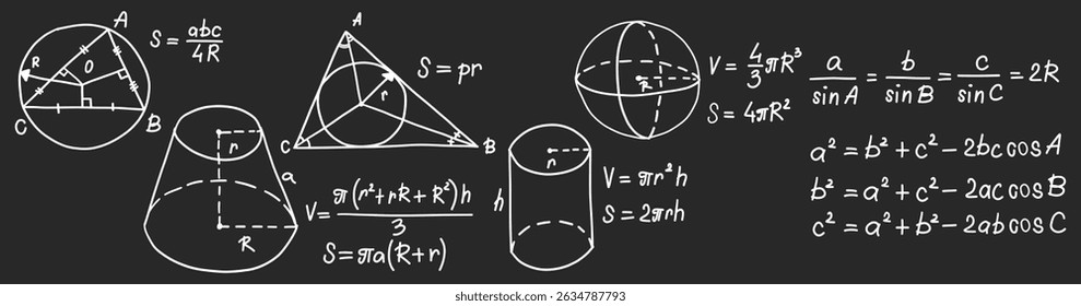 Fórmulas matemáticas definidas. Fórmulas geométricas matemáticas desenhadas à mão e cálculos no quadro-negro. Quadro cinzento escola com giz símbolos de esboço à mão livre. Conceito de educação. Ilustração isolada de vetor