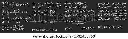 Mathematics formulas set. Hand drawn math algebraic formulas and calculations on chalkboard. School gray board with chalk freehand sketch symbols. Education concept. Isolated vector illustration