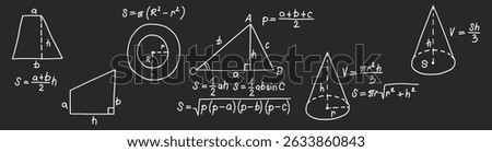 Mathematics formulas set. Hand drawn math geometric formulas and calculations on chalkboard. School gray board with chalk freehand sketch symbols. Education concept. Isolated vector illustration