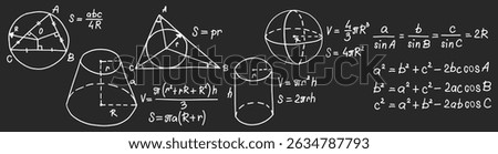 Mathematics formulas set. Hand drawn math geometric formulas and calculations on chalkboard. School gray board with chalk freehand sketch symbols. Education concept. Isolated vector illustration