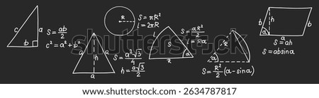 Mathematics formulas set. Hand drawn math geometric formulas and calculations on chalkboard. School gray board with chalk freehand sketch symbols. Education concept. Isolated vector illustration