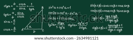 Mathematics formulas set. Hand drawn math trigonometry formulas and calculations on chalkboard. School green board with chalk freehand sketch symbols. Education concept. Isolated vector illustration