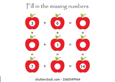Mathematics game with apples for children, fill in the missing numbers, easy level, education game for kids, school worksheet activity, task for development of logical thinking, vector illustration