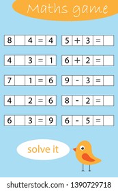 Mathematics game for children, find a solution, solve and write the result, education game for kids, school worksheet activity, task for the development of logical thinking, vector illustration