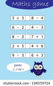 Mathematics game for children, find a solution, solve and paste, education game for kids, school worksheet activity, task for the development of logical thinking, vector illustration