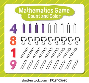 Mathematics game count and color worksheet for student illustration